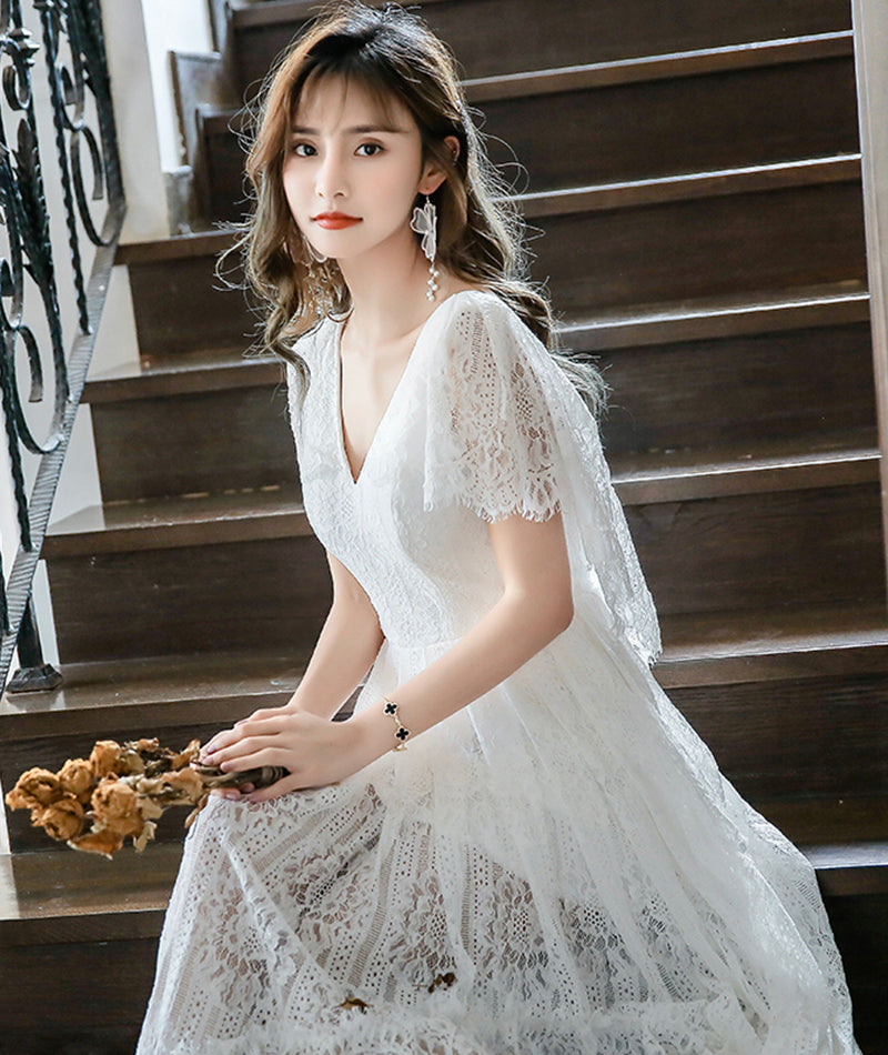 White lace high low prom dress evening dress 8398
