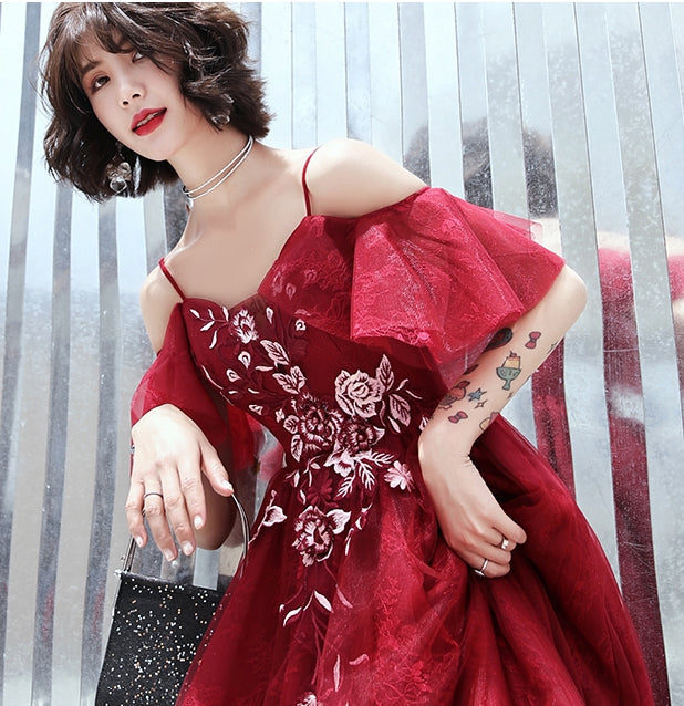 Burgundy lace short prom dress party dress 8323