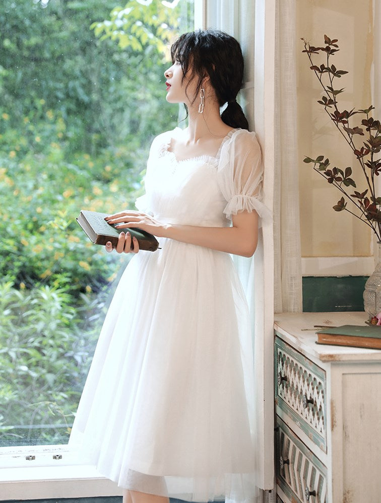 White tulle short prom dress party dress 8302