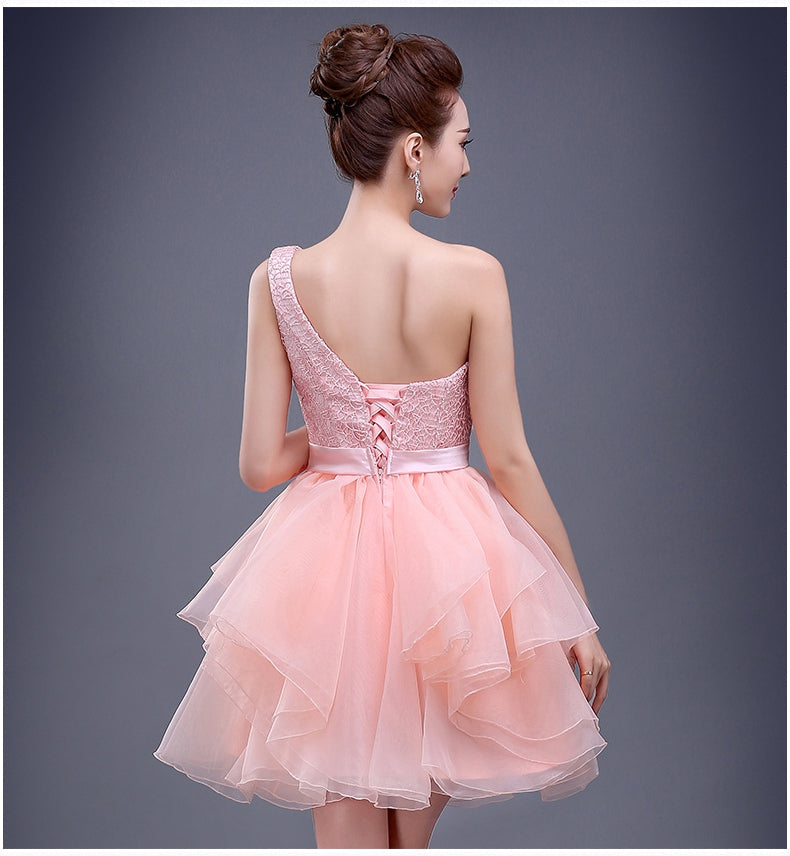 Charming A-line pink lace one shoulder short prom dress,homecoming dresses 7704