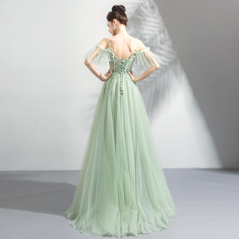 Green tulle lace long prom dress, evening dress 8043