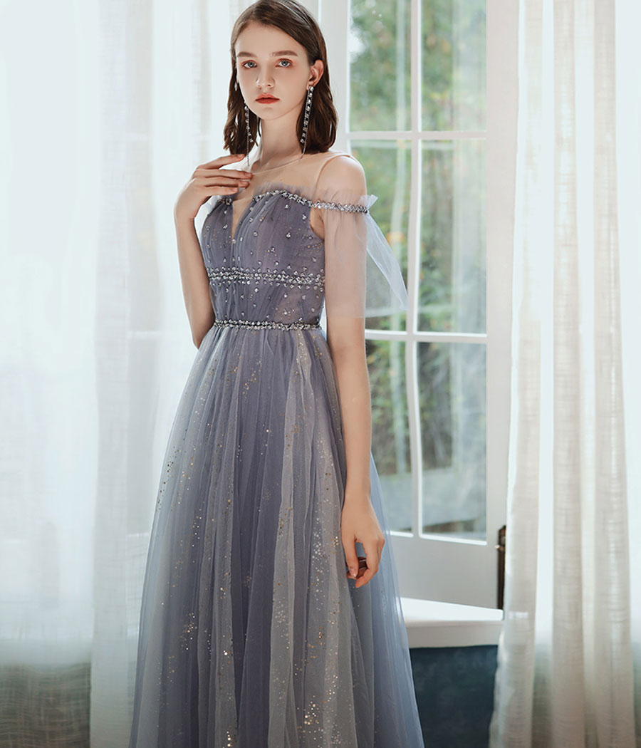 A line tulle sequins long prom dress 8341