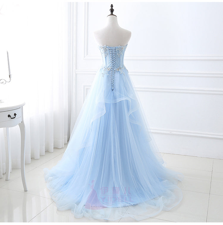Blue tulle lace long prom dress, blue lace evening dress 8039