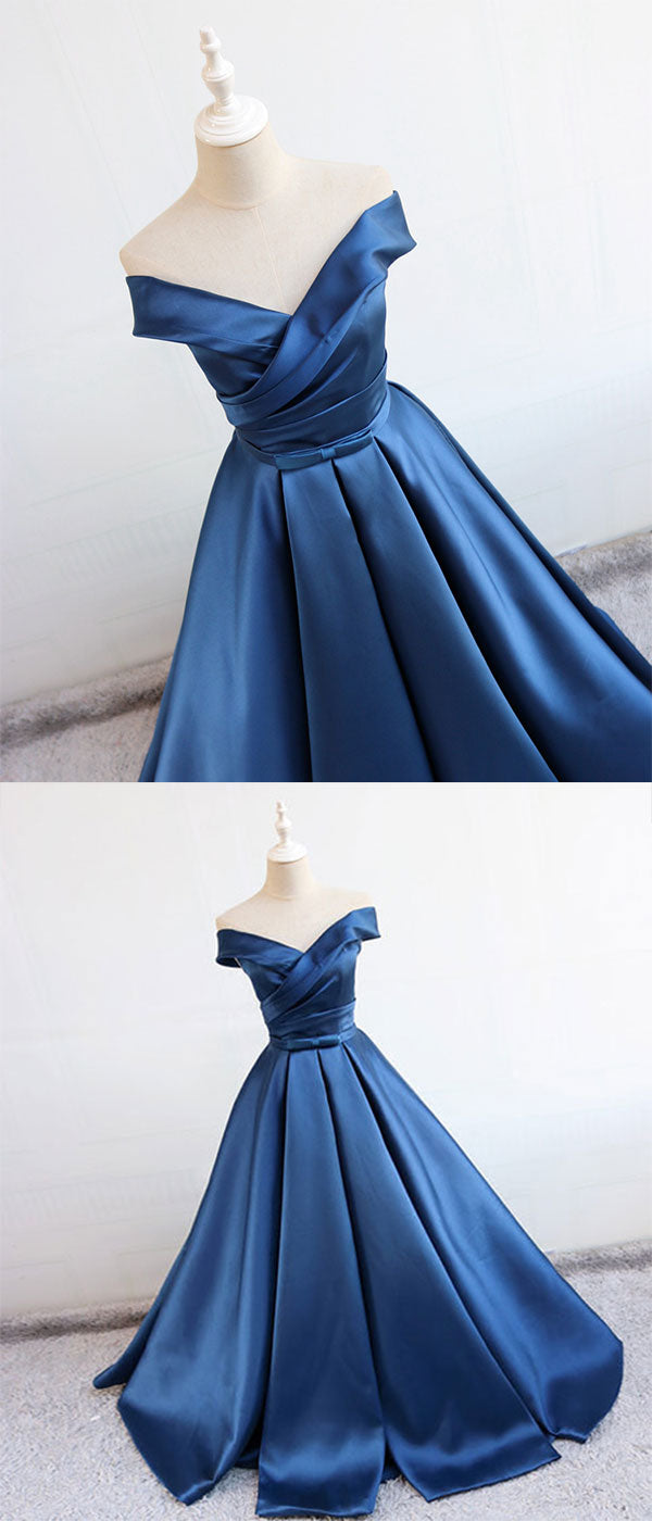 Blue v neck satin long prom dress, blue evening dress 7897