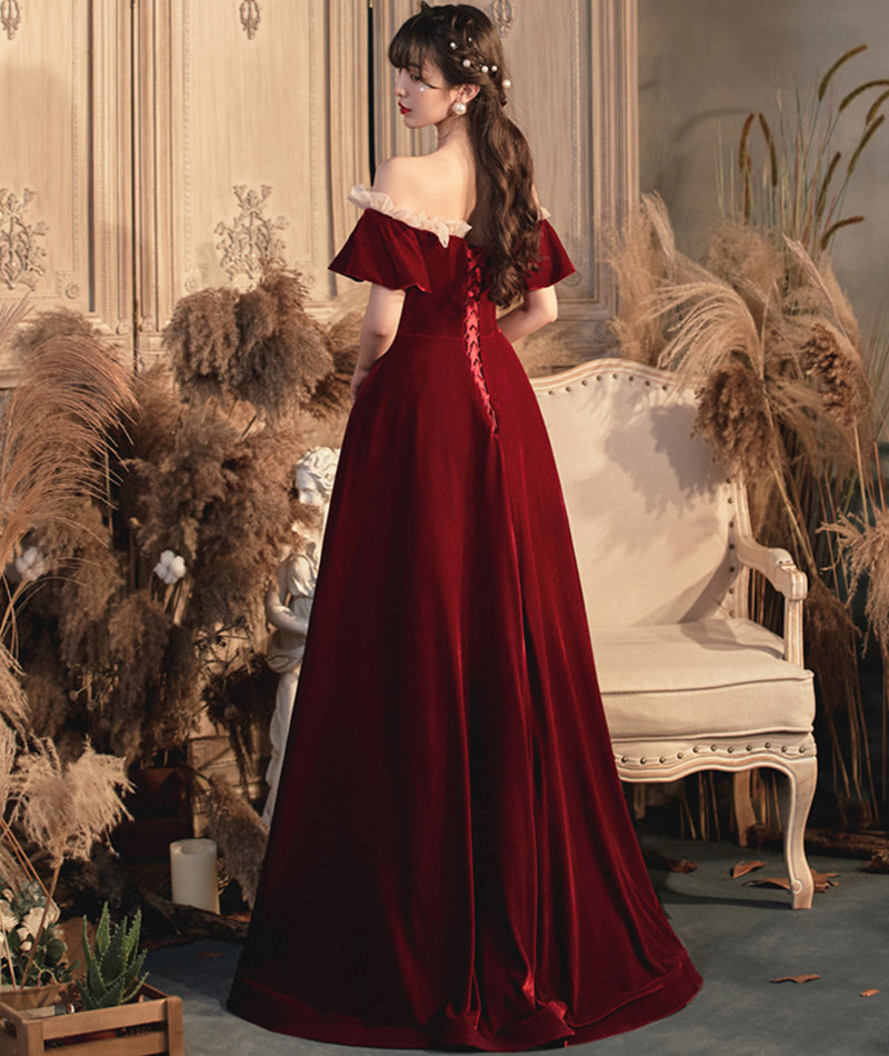 Burgundy velvet long prom dress evening dress 8383