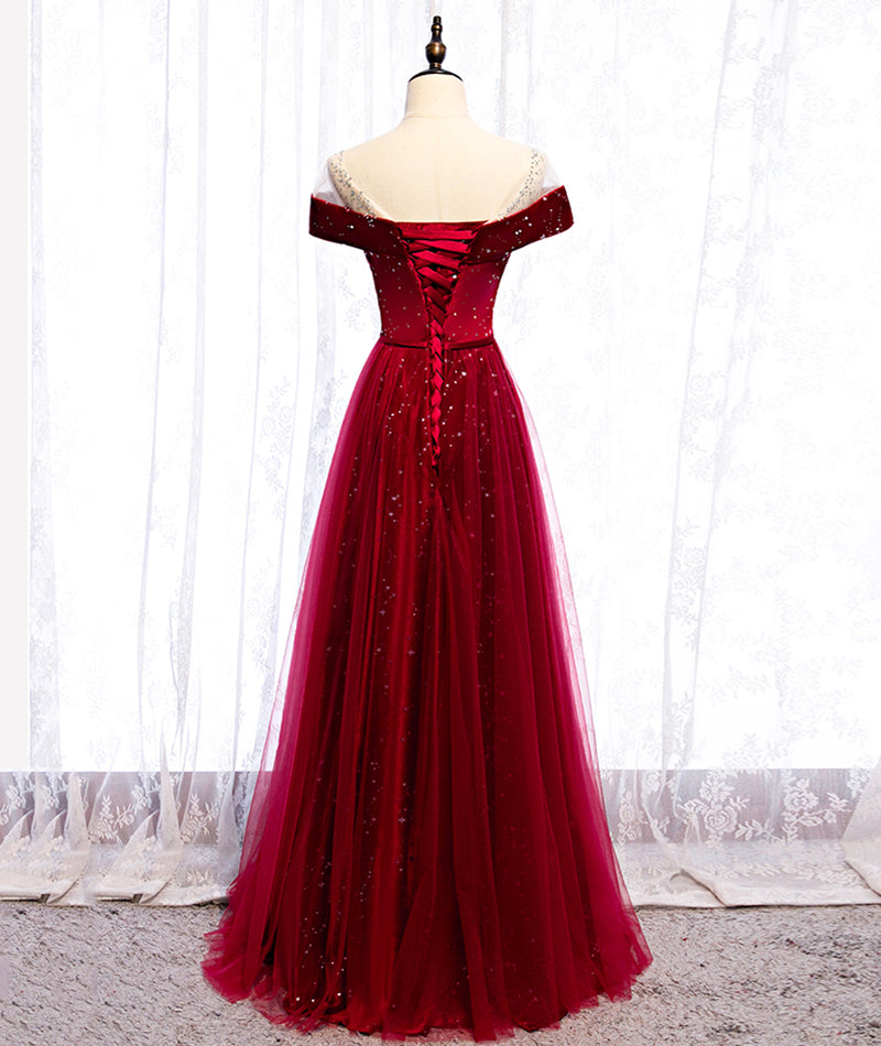 Burgundy velvet tulle long prom dress evening dress 8400