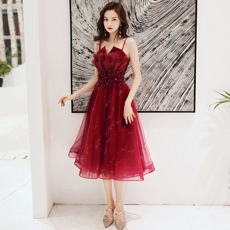 Cute burgundy tulle short prom dress homecoming dress 8252