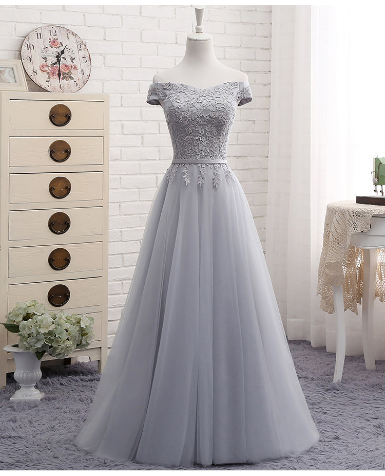 Cute A line gray lace off shoulder prom dress, cheap evening dresses 7792