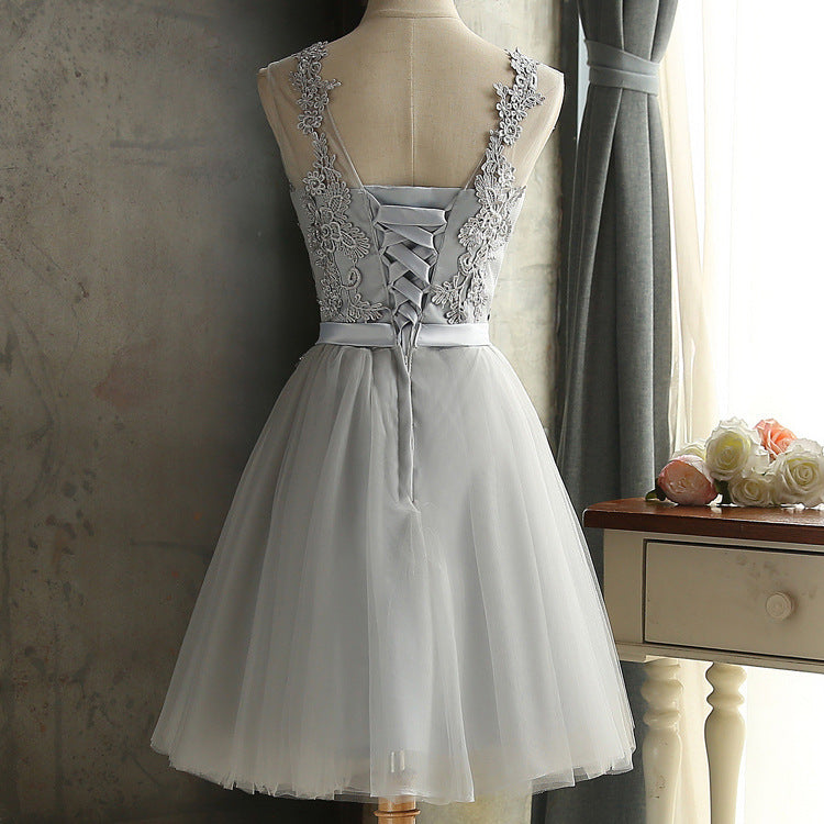 Gray lace short A line prom dress homecoming dress 8411