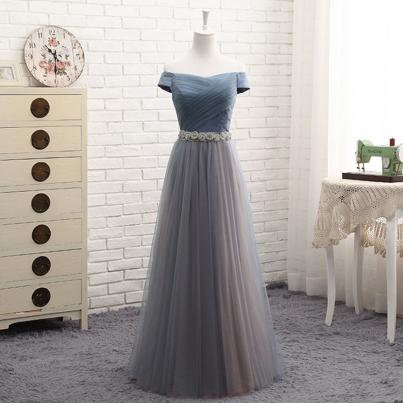 Gray tulle off shoulder prom dress, evening dress 7773