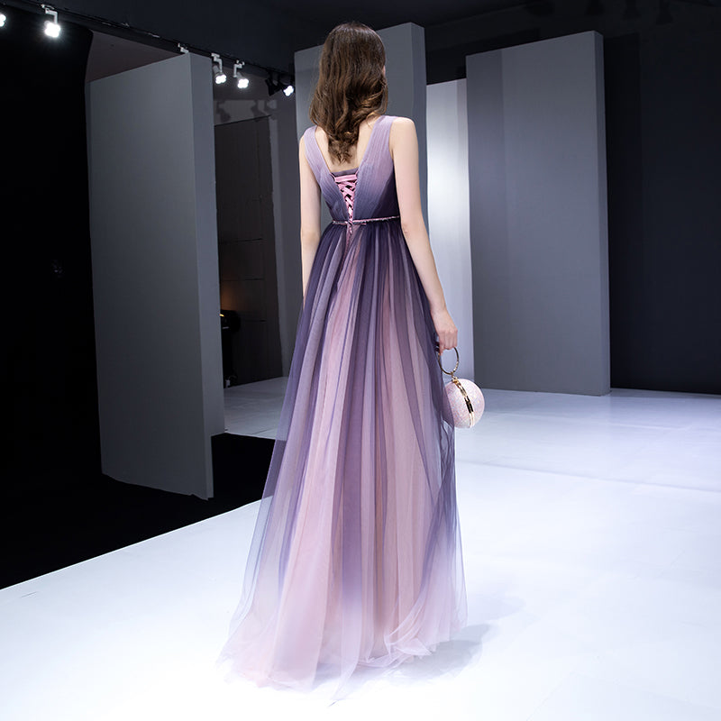 Purple v neck tulle long prom dress 8199