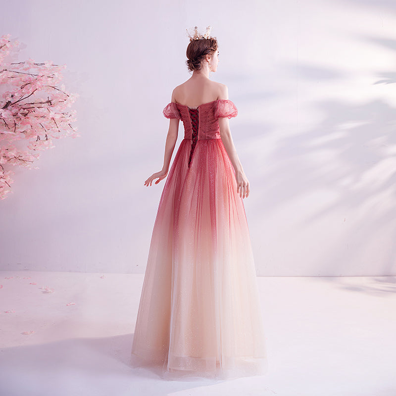 Burgundy tulle long prom dress evening dress 8272