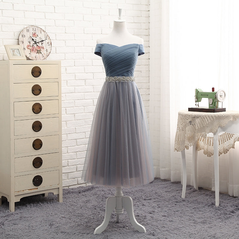 Gray tulle off shoulder prom dress, evening dress 7773