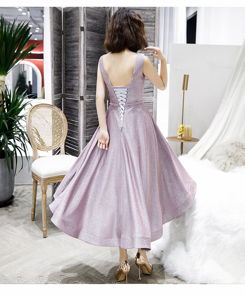 Shiny v neck short prom dress blue evening dress 8361