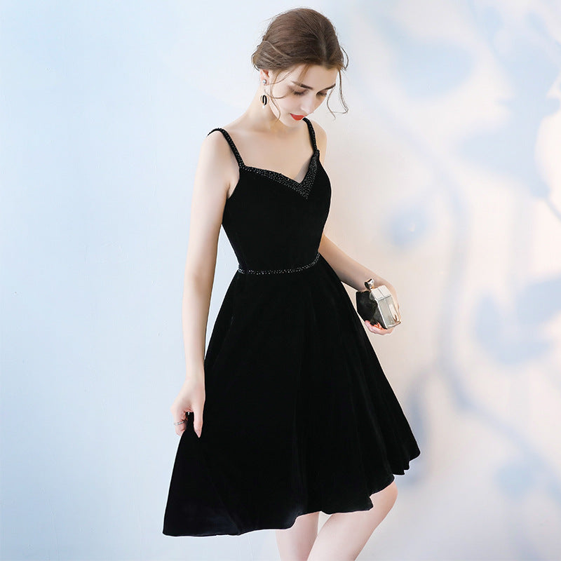 Black v neck velvet short prom dress, black evening dress 7833