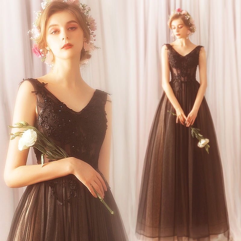 Black v neck tulle lace long prom dress, lace evening dress 7849