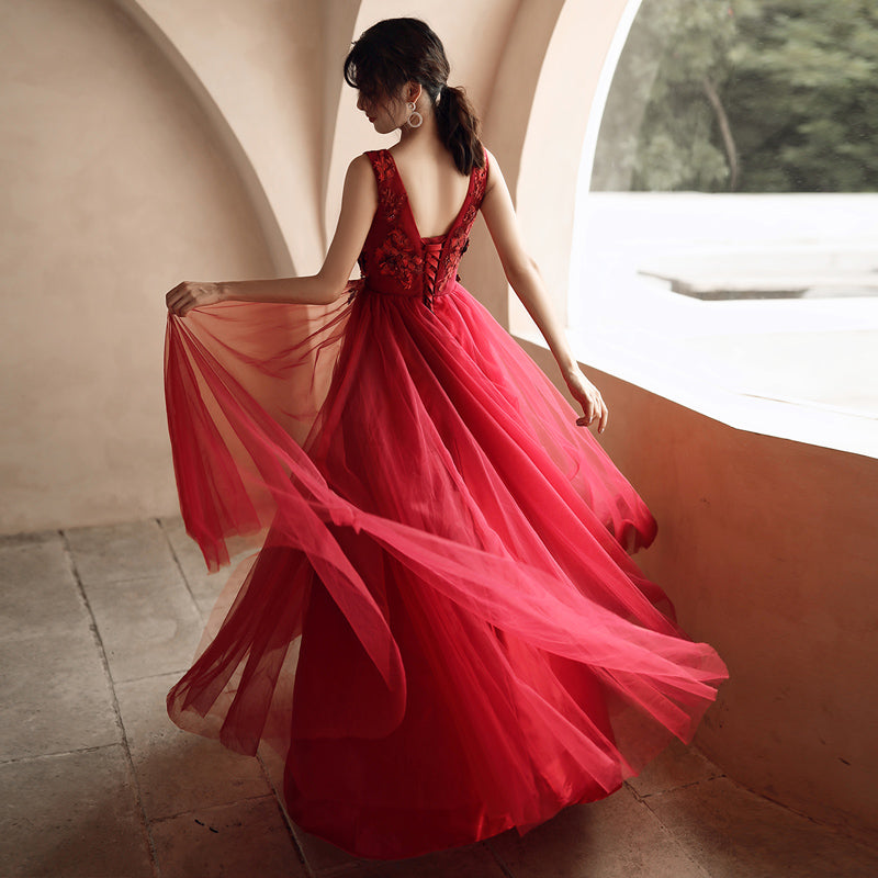 Burgundy tulle lace prom dress evening dress 8278