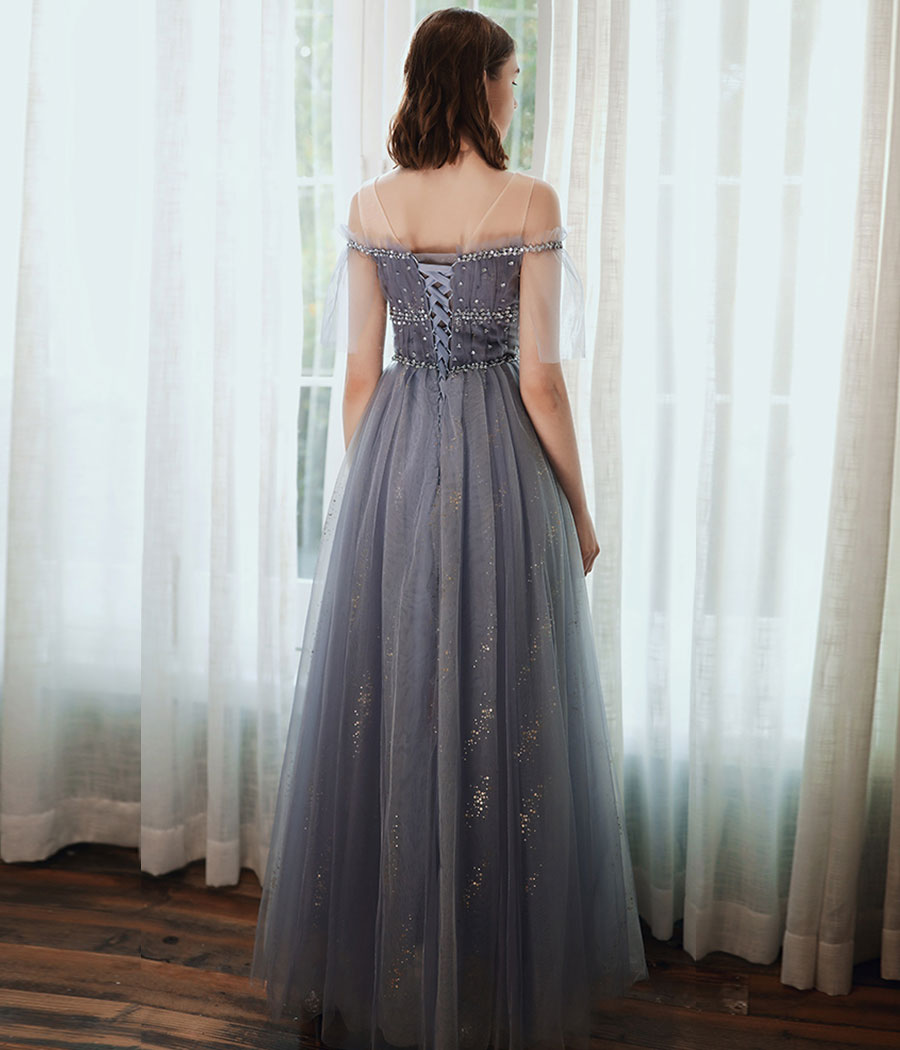 A line tulle sequins long prom dress 8341