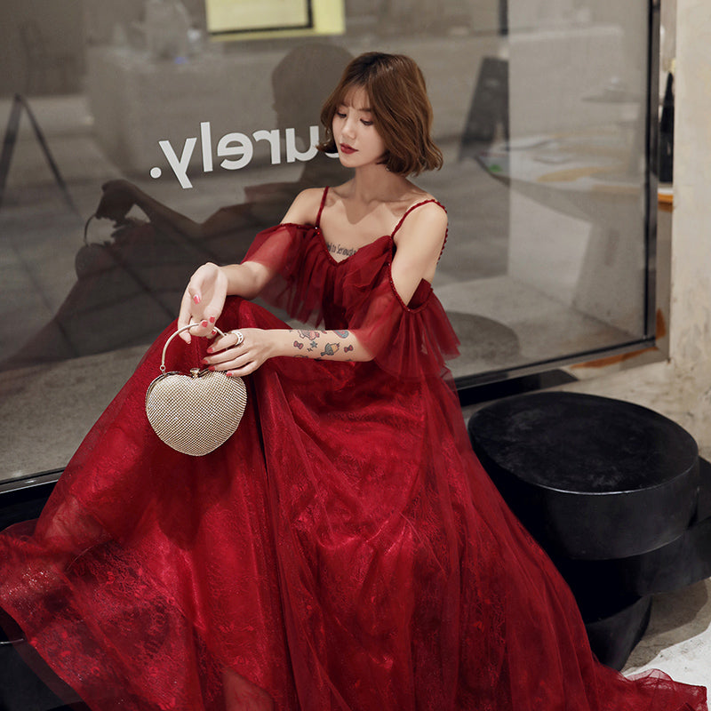 Burgundy lace long prom dress simple evening dress 8227