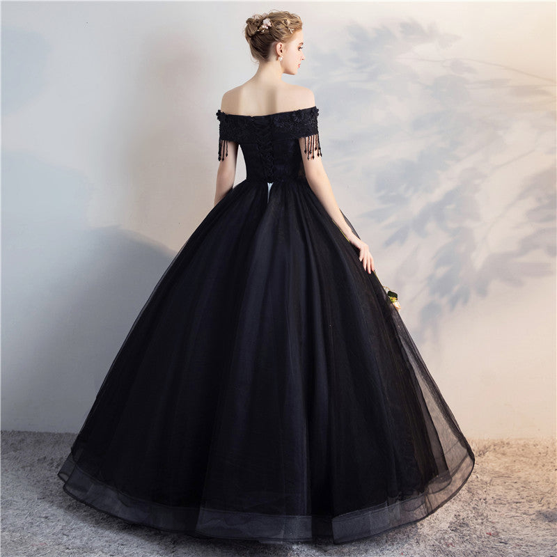 Black tulle lace long prom gown, cheap evening dress 8137