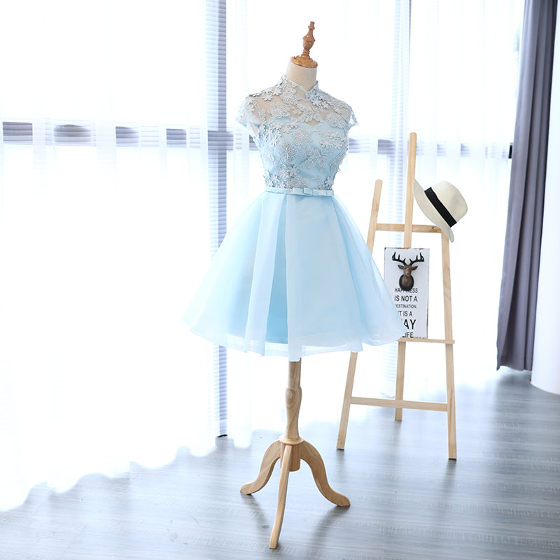 Blue lace tulle short prom dress, homecoming dress 8148