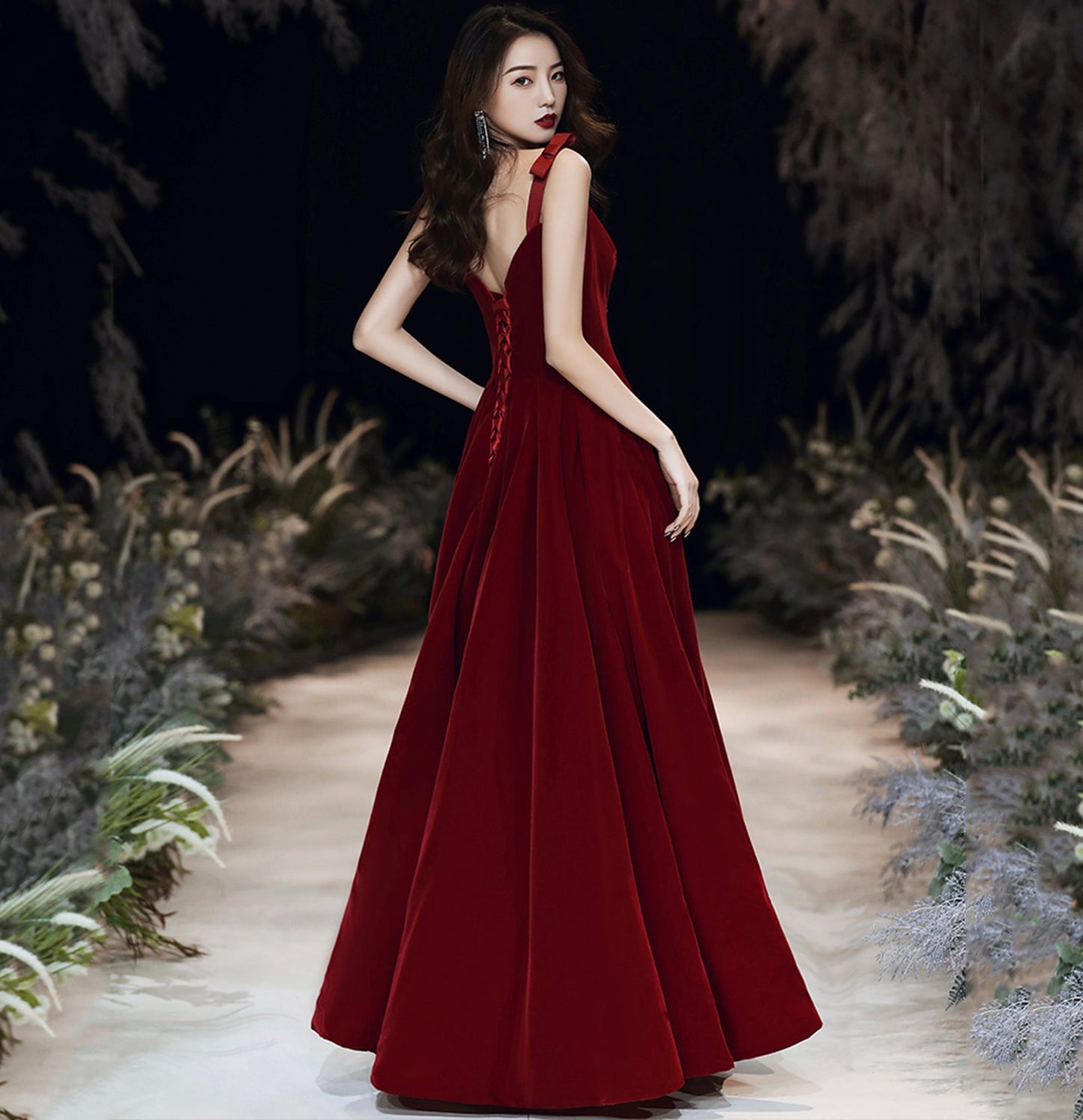 Red velvet long prom dress Simple evening gown  10115