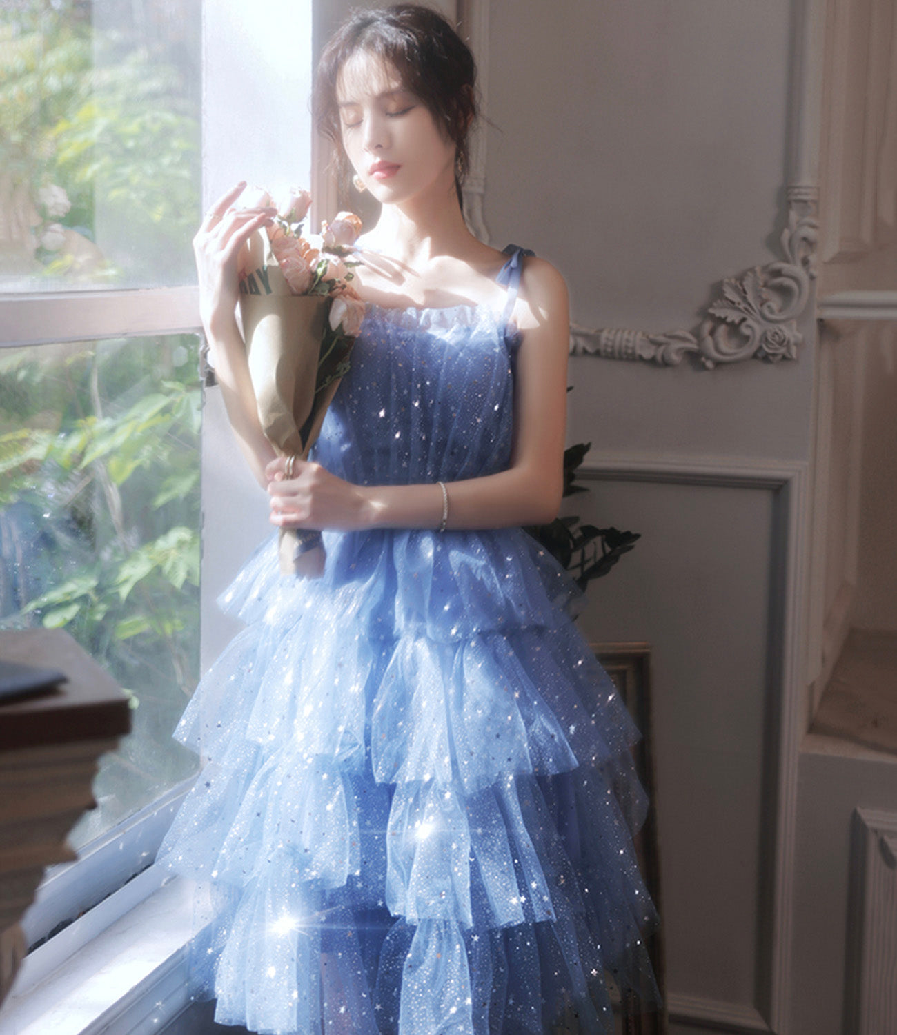 Blue tulle off shoulder prom dress homecoming dress 8896