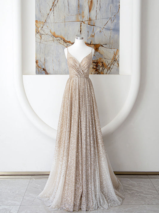 Champagne A Line Spaghetti Strap Sequins Long Prom Dress Evening Dress SH1591