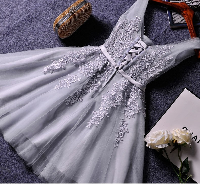Cute A-line grey lace short prom dress,homecoming dresses 7578