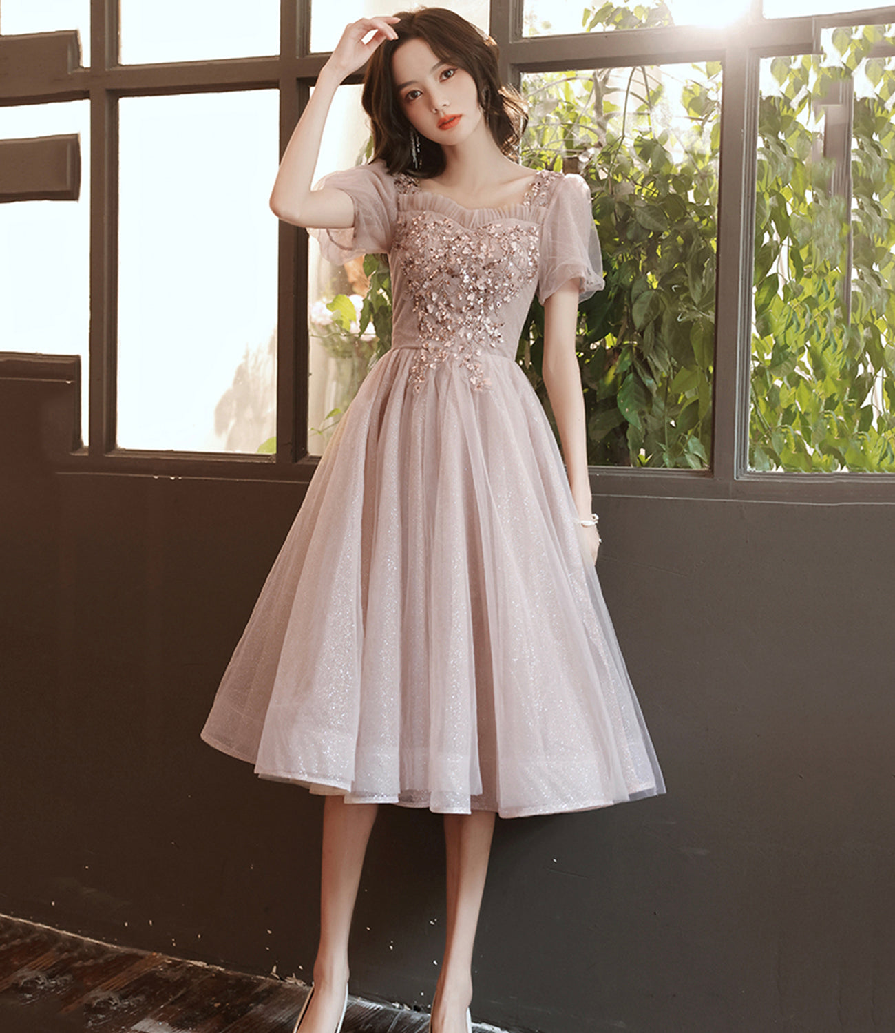 Champagne tulle sequins short prom dress homecoming dress 8988