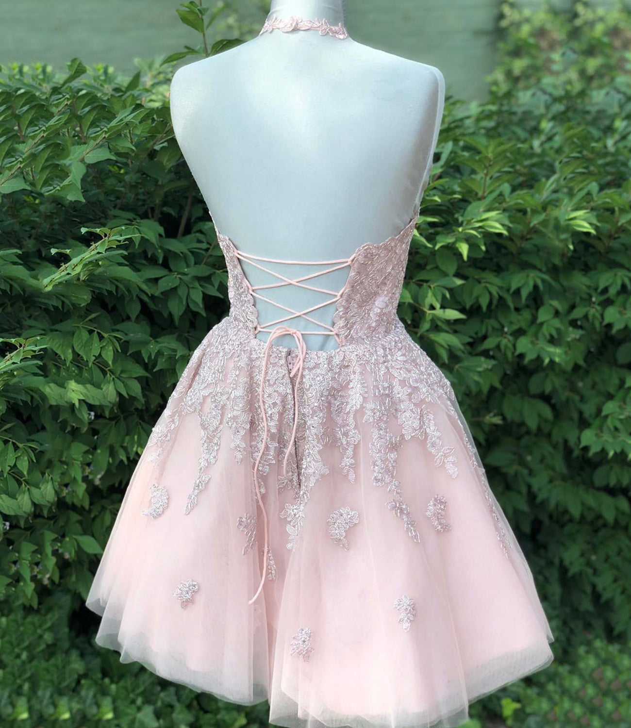 Pink lace short A line prom dress homecoming dress 8875