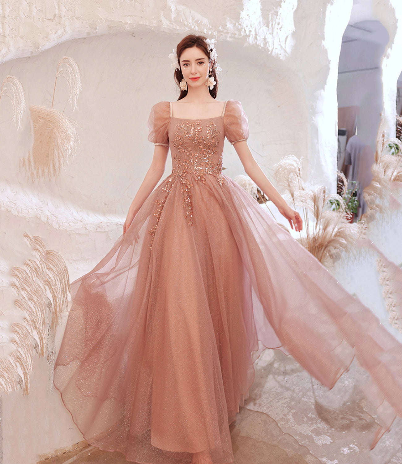 Pink tulle sequins long A line prom dress evening dress  8796