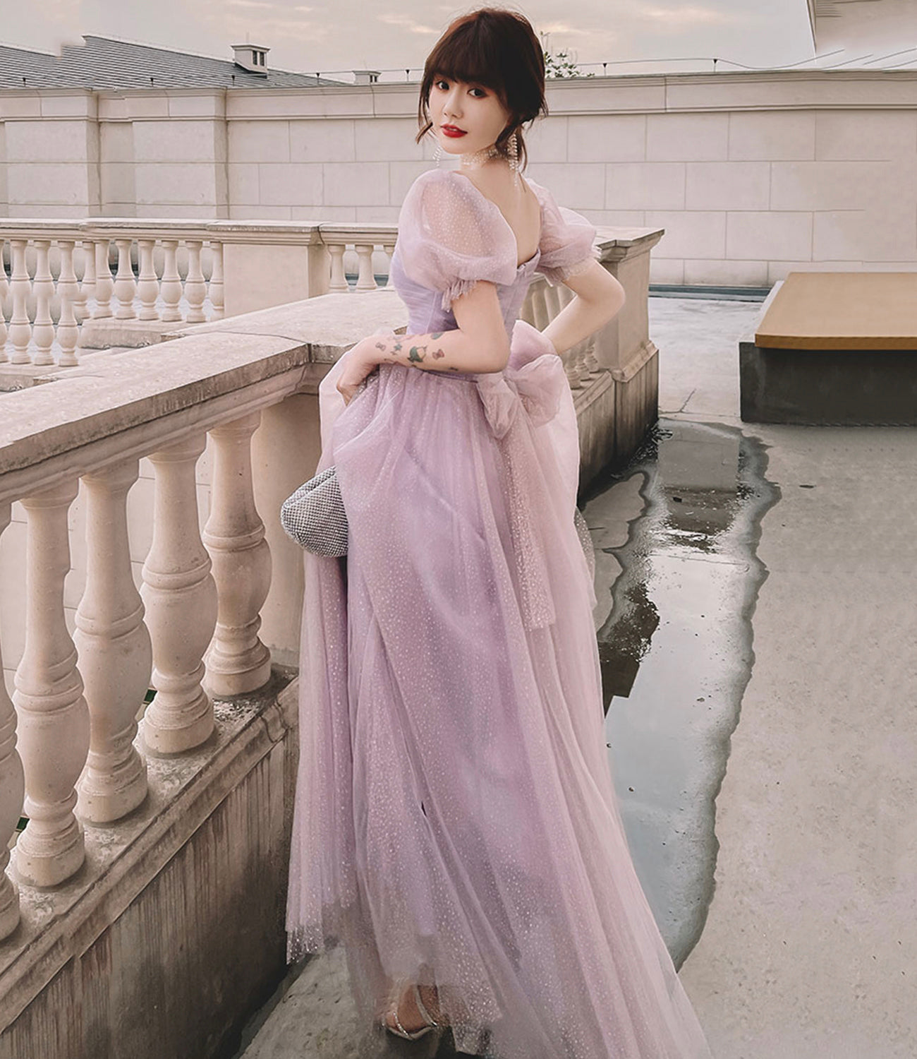 Purple tulle long A line prom dress evening dress 8854