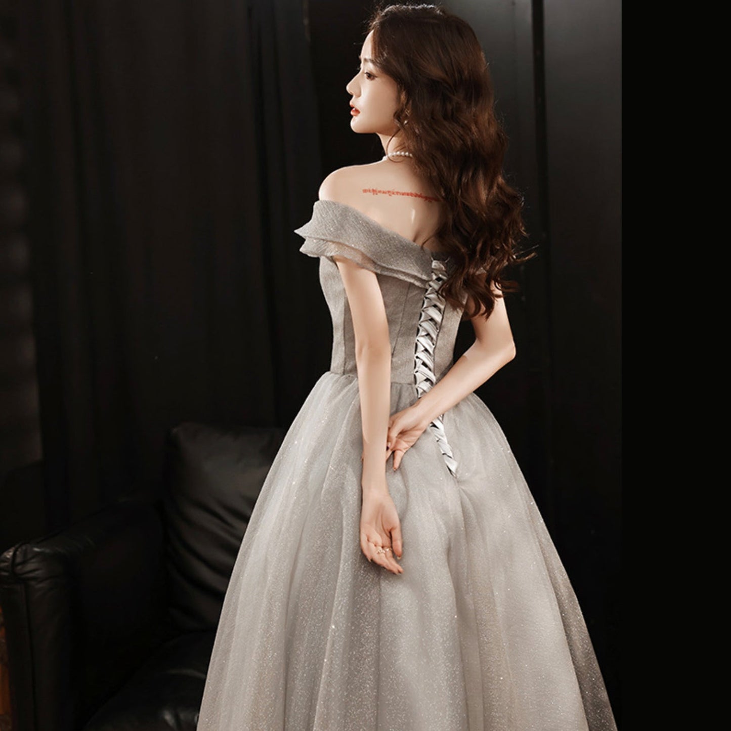 Cute tulle sequins long prom dress A line evening dress  8965