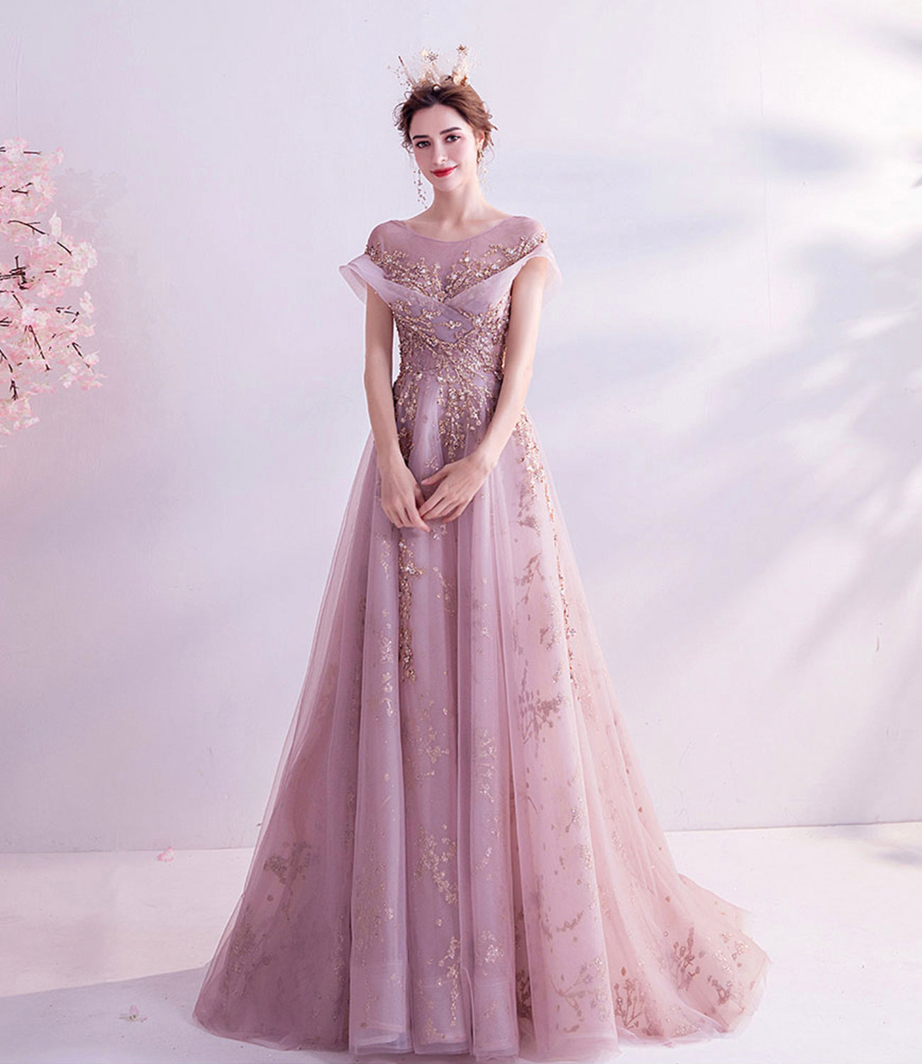 Pink tulle sequins long A line prom dress evening dress  8921