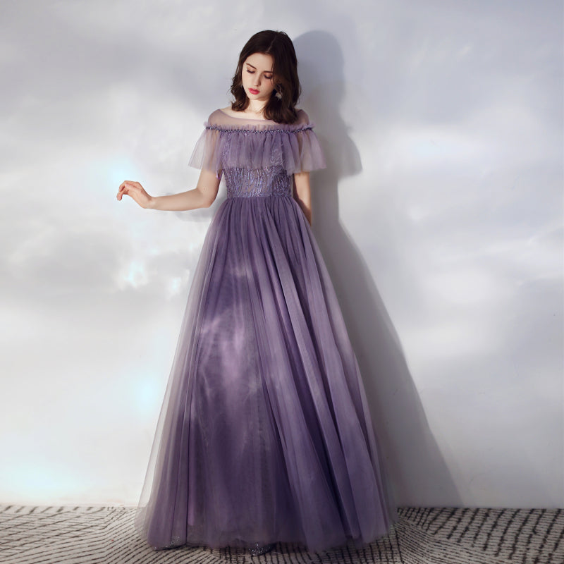 Purple tulle long a line prom dress 8166