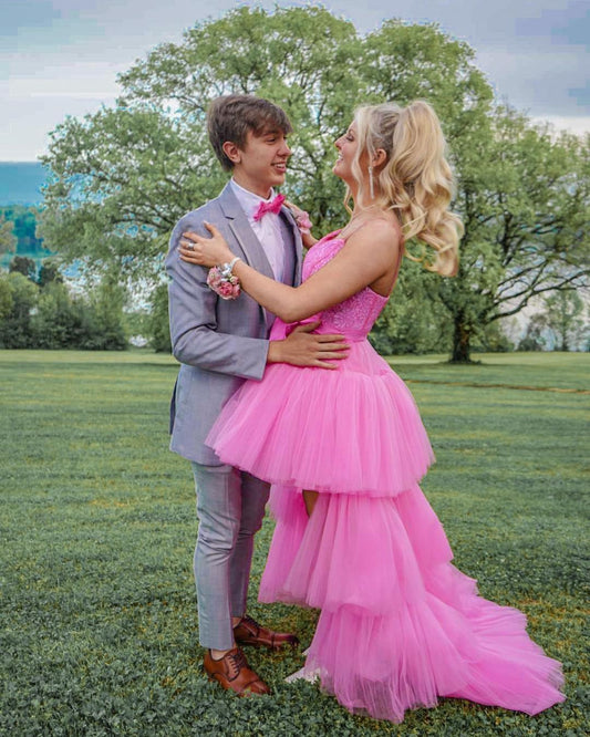 PM397,High Low Hot Pink Tiered Prom Dress with Spaghetti Straps