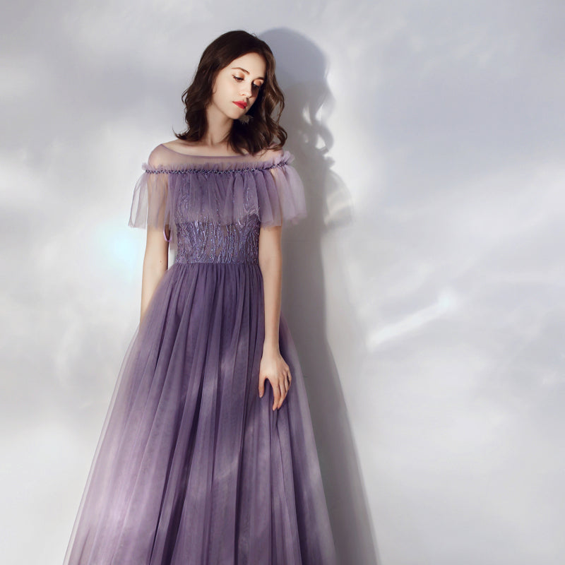 Purple tulle long a line prom dress 8166