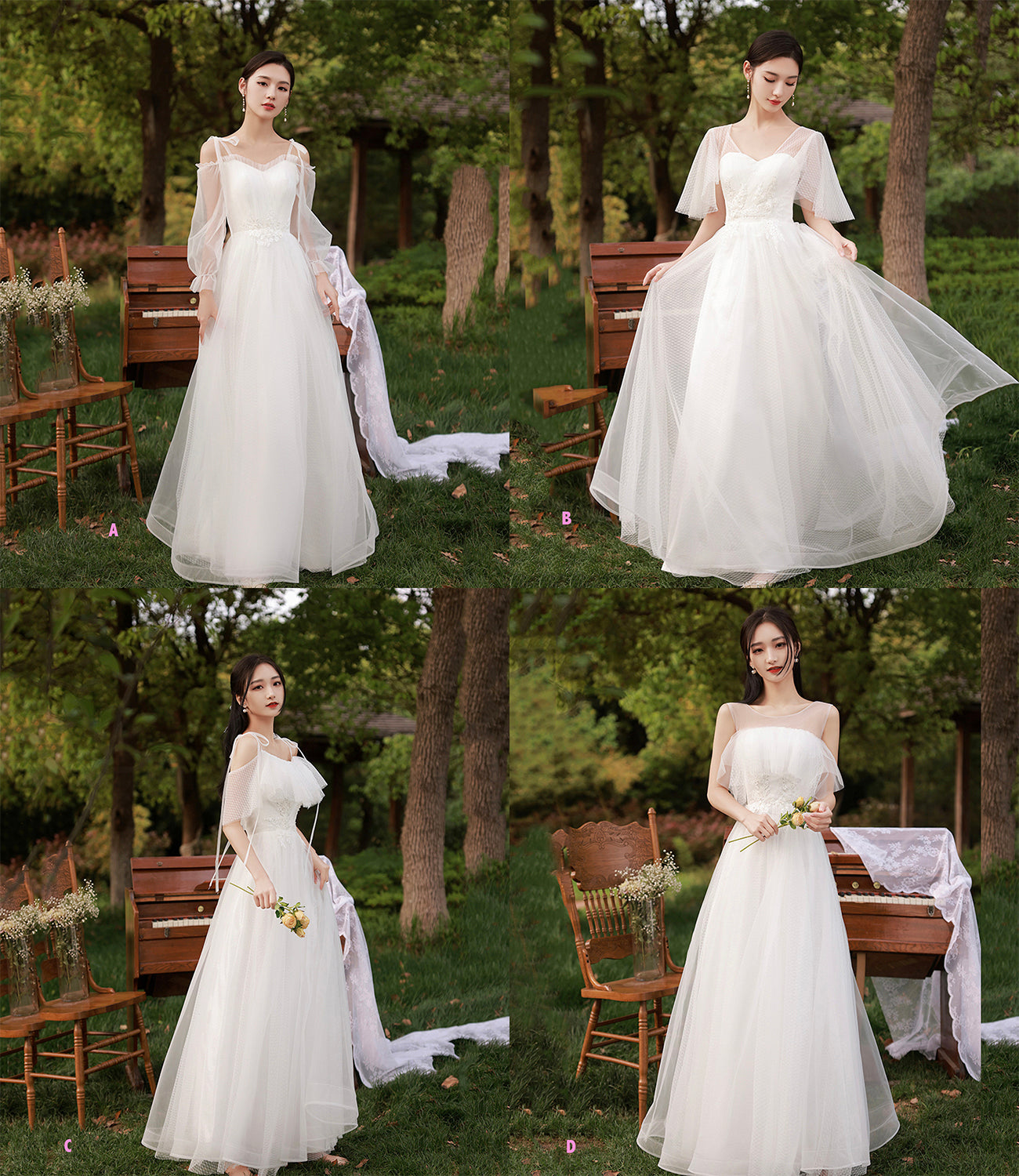 White tulle long A line prom dress bridesmaid dress 8888