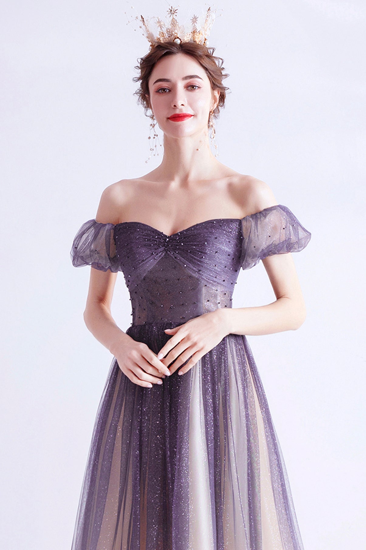 Purple tulle long A line prom dress evening dress 8771