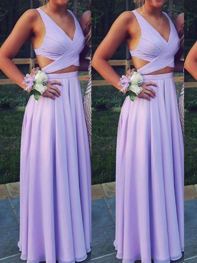 V Neck A Line Long Lavender Prom Dress, Long 2 Pieces Bridesmaid Dress K1408