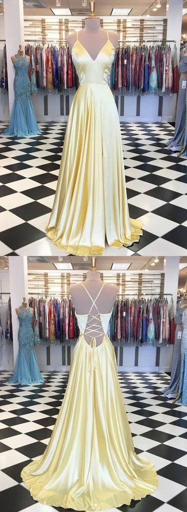 Yellow Satin V Neck Long Open Back Prom Dress, Evening Dress D075
