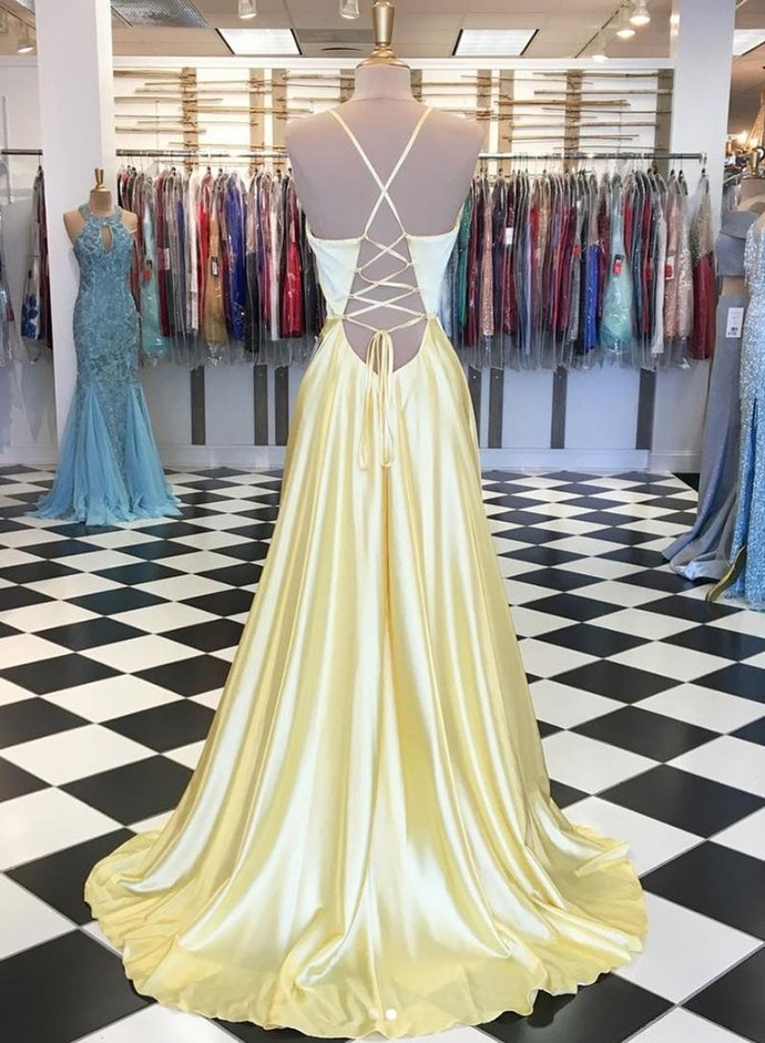 Yellow Satin V Neck Long Open Back Prom Dress, Evening Dress D075
