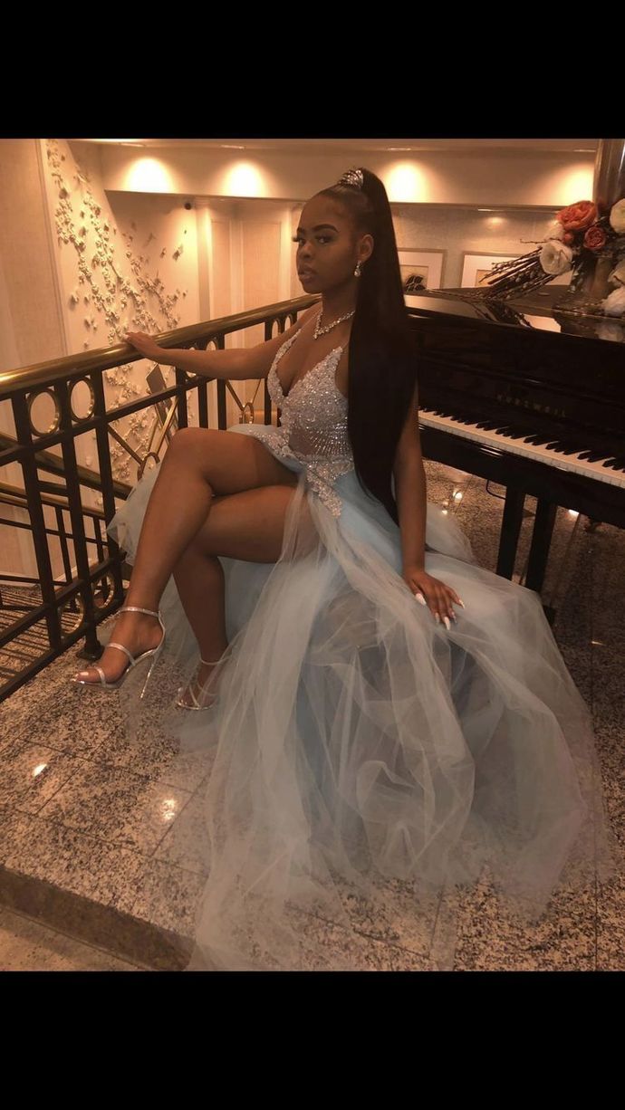 Pretty V neck Lace Prom Dress, Sexy Split Slit Evening Dress H3446