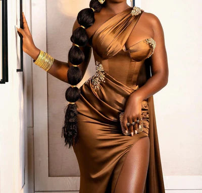 Brown fashion elegant sexy one shoulder long beaded slit mermaid ball gown evening dress party dress with ruffles gh718