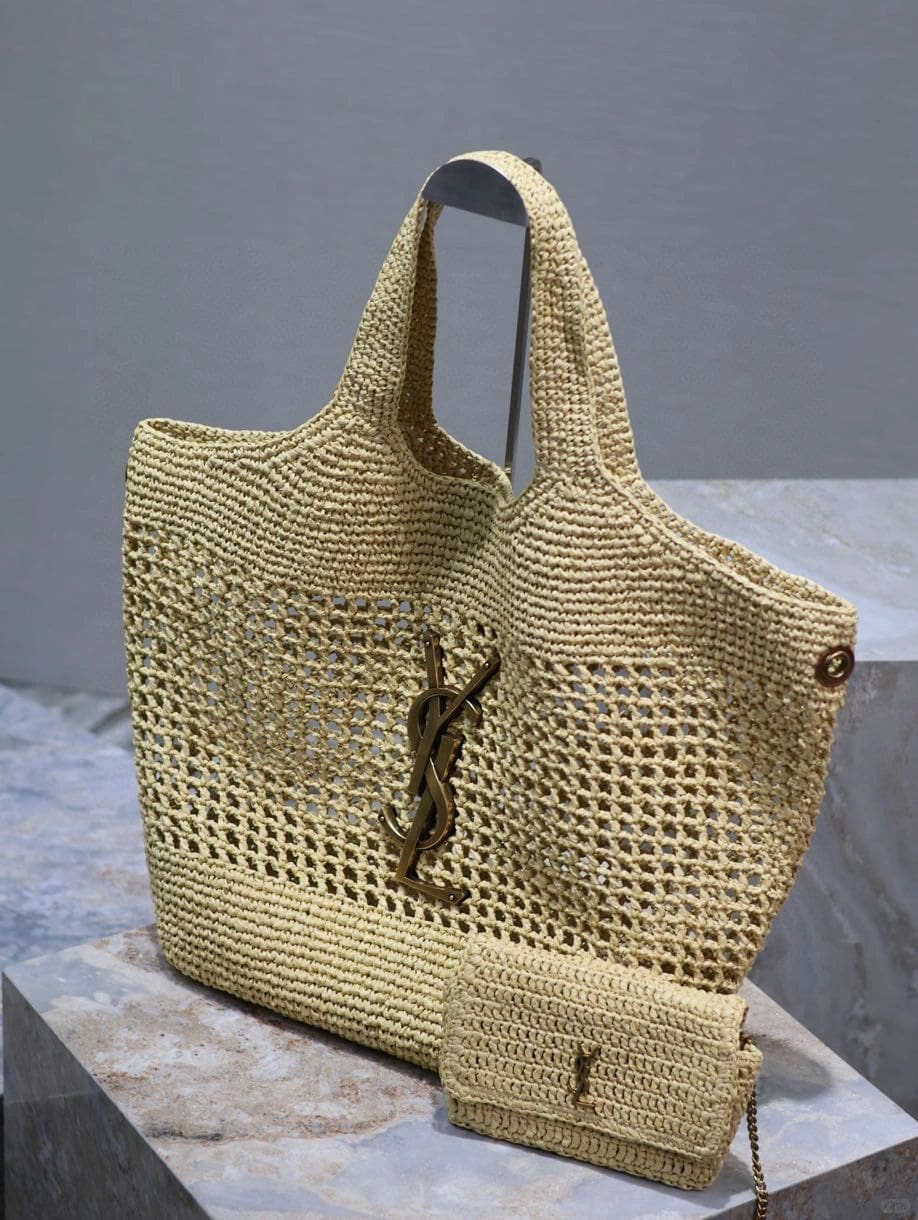 SAINT LAURENT ICARE IN RAFFIA NATUREL AND BROWN GOLD
