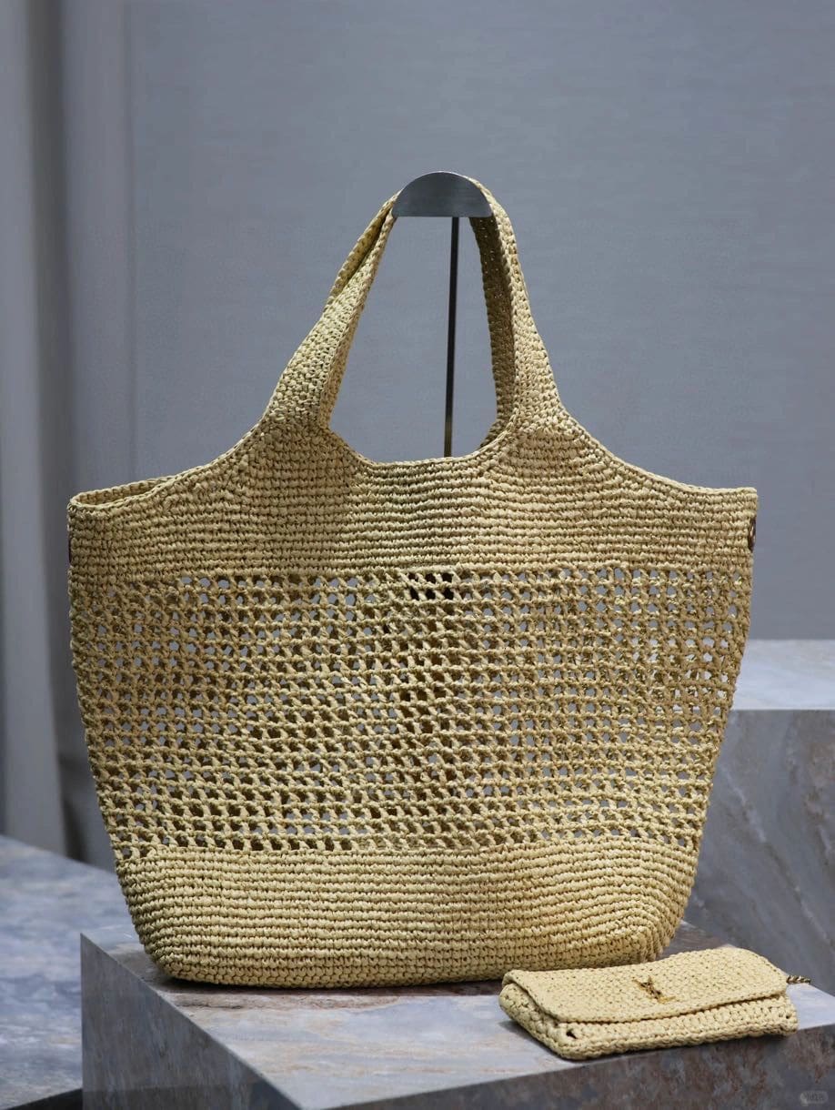 SAINT LAURENT ICARE IN RAFFIA NATUREL AND BROWN GOLD