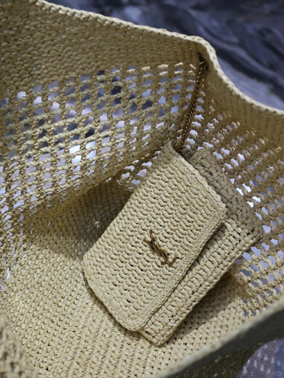 SAINT LAURENT ICARE IN RAFFIA NATUREL AND BROWN GOLD
