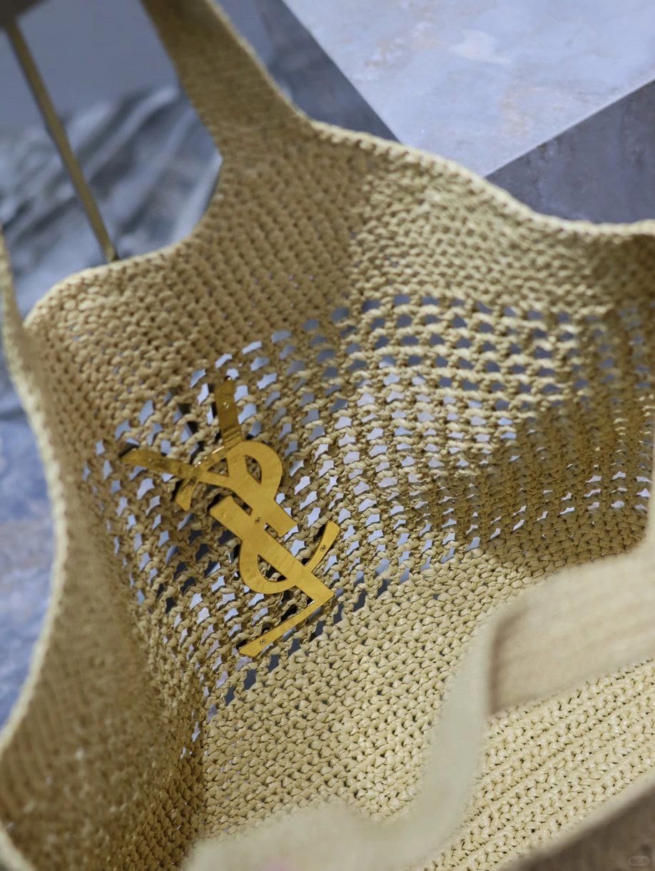 SAINT LAURENT ICARE IN RAFFIA NATUREL AND BROWN GOLD