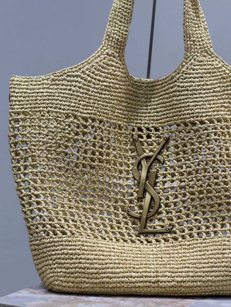SAINT LAURENT ICARE IN RAFFIA NATUREL AND BROWN GOLD